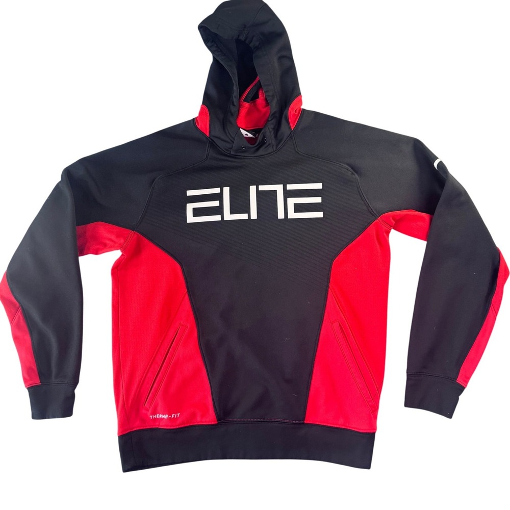 Nike Elite Therma-FIT Hoodie Men Medium Black Red Colorblock Basketball Pullover